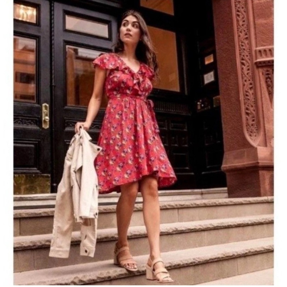 Anthropologie Maeve Rosalia Red Floral ruffle wrap Mini Dress